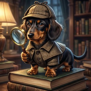En klog anime-gravhund som detektiv undersøger i et hyggeligt bibliotek. — Galaxy Watch Wallpapers