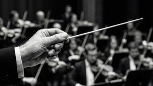 Dramatisk sort-hvid nærbillede af dirigentstok med orkester. — Musik æstetik Wallpapers