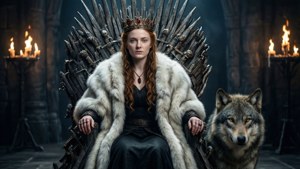Sansa Stark på jerntronen med en ulv, fantasy-alternativ slutning.