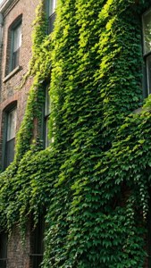 En væg dækket af frodigt grønt efeu, der blander naturen med byarkitektur. — Grøn æstetik Wallpapers