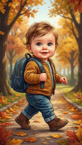 En tegneseriebaby der går i en park om efteråret — iPhone 5 Wallpapers