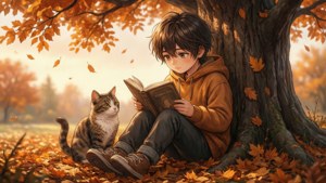 Anime-barn læser en bog med en kat under et træ om efteråret. — Anime børn Wallpapers