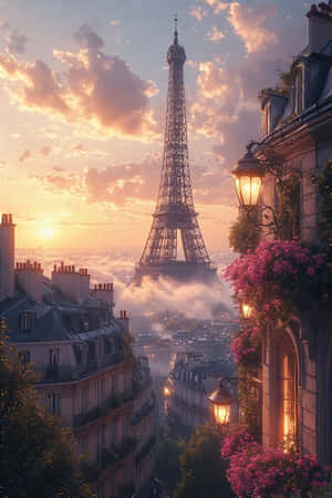 Frankrig, Paris, Eiffeltårnet, solopgang, tage, vindueskasser, gadelygter, romantisk, tåge, by, rejser, 4K — 4K Wallpapers