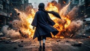 Itachi går roligt væk fra en kæmpe eksplosion