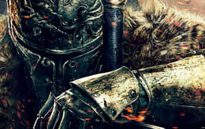 En frygtløs kriger i gylden rustning med en voldsom drage lurende i mørket bagved — Dark Souls 3 Wallpapers
