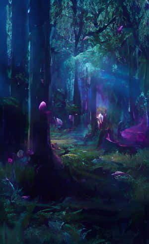 en skov med mange træer og mange lilla lys — Lenovo Tab One Wallpapers