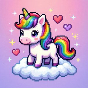 Pixel-enhjørning på en sky med regnbuefarver. — Pixel Watch 3 Wallpapers