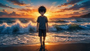En trist anime-dreng, der går alene på en strand ved solnedgang. — Sørgelig anime GIF Wallpapers