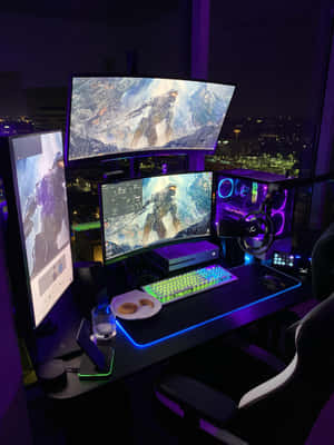 Et kraftfuldt gaming-pc-setup med grafikkort og tre skærme. — Galaxy Z TriFold Wallpapers