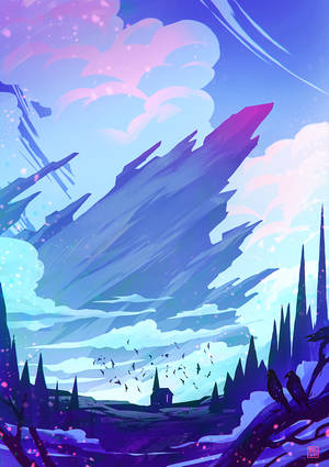 Lilla anime-hus med flyvende krager mobilbaggrund. — Oppo Pad 6 Wallpapers