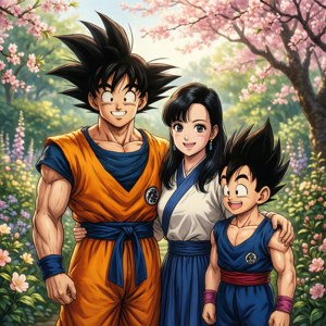 Goku med Chi-Chi og Gohan i en fredfyldt have. — Goku Wallpapers