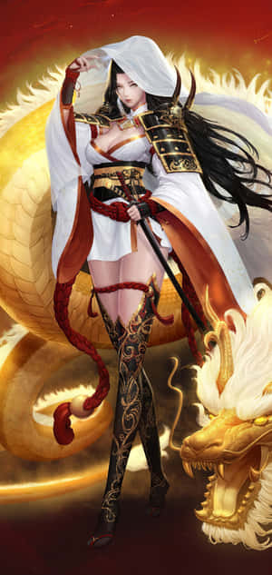 Fantasy Samurai Anime Pige Gylden Drage — Oppo Find X8s Wallpapers