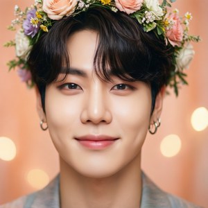 Jimin med blomsterkrans og pastelferskenbaggrund — Pixel Watch 3 Wallpapers