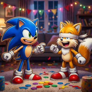 Sonic og Tails leger en festleg med en pinjatalignende Eggman-figur, de griner. — Pixel Watch 3 Wallpapers