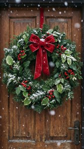 En smuk julekrans på en dør med sne, klassisk julepynt. — Glædelig jul Wallpapers