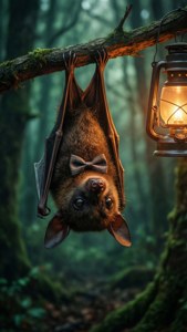 Sød flagermus med butterfly hængende på hovedet i en tåget skov. — Sød Halloween Wallpapers