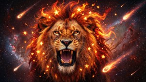Intens galakseløve med en flammende stjernemanke, der brøler dynamisk. — Galakse løve GIF Wallpapers