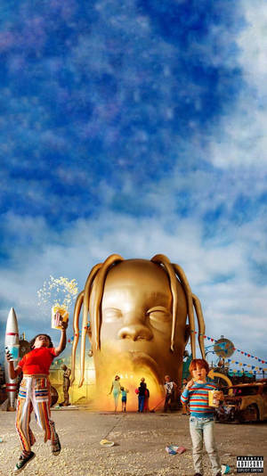 Cool HD Astroworld tapet med forlystelsespark og statuehoved af Travis Scott. — Kold Wallpapers