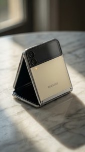 Elegant minimalistisk tapet med Galaxy Z Flip 5 på marmor.