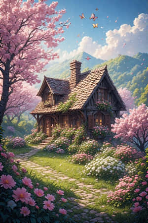 hytte, forår, blomster, have, kirsebærblomst, sommerfugle, bakker, blomstrende, munter, natur — iPhone 4 Wallpapers