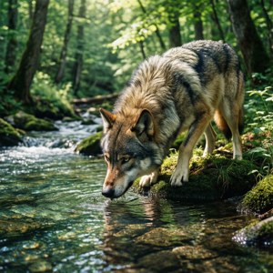 Ulv, der drikker af en bæk i grøn skov, fredelig og realistisk naturskildring. — Pixel Watch 4 Wallpapers