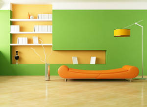 Grønmalt æstetisk hjemmestue med orange sofa — Minimalistisk æstetik Wallpapers