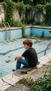 Vintage skater-dreng hviler i tom, revnet pool med overgroet vegetation.