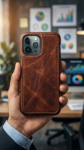 iPhone 11 Pro Max i læderetui holdt af en professionel med kontorbaggrund.