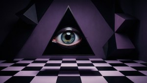 Et mørkt abstrakt motiv med et øje i en trekant og geometriske elementer. — Trippy mørk æstetik Wallpapers