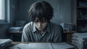 En trist anime-dreng overvældet ved et skrivebord. — Sørgelig anime GIF Wallpapers