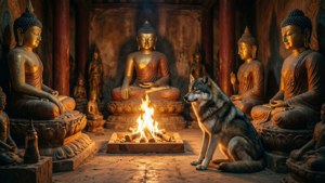 En fredelig scene af Wolf, der mediterer i Billedhuggerens tempel.