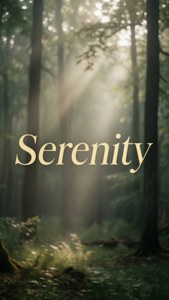 Bleg gylden 'Serenity' over en tåget skov med lysstråler, rolig naturæstetik. — Æstetiske ord Wallpapers