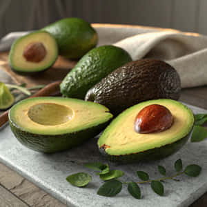 avocado,avocadoer,frisk,moden,grøn,frugt,mad,sund,økologisk,produkt,halveret,hel,sten,kerne,cremet,kød,marmor,overflade,skærebræt