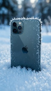 iPhone 11 Pro Max begravet i sne med frostdetaljer og vinterbaggrund.