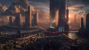 Baggrundsbillede med futuristisk industriby — 2560x1440 Wallpapers