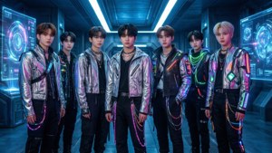 Et cyberpunk-inspireret Kpop-drengband i futuristisk omgivelse. — Kpop GIF Wallpapers