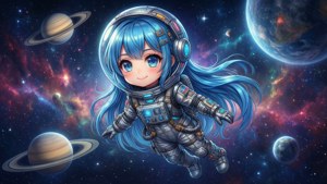 Anime-astronautpige svævende i rummet med planeter.
