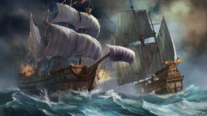Baggrundsbillede med gammelt krigsskib i havet. — Hav Wallpapers