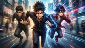 Takemichi løber gennem tiden med en delt skærmeffekt i levende farver. — Tokyo Revengers Wallpapers
