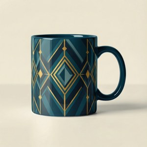 Moderne geometrisk kaffekop i blågrøn og guld, stilfuldt tapet. — Pixel Watch Wallpapers
