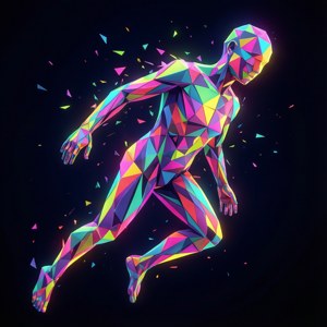 En abstrakt menneskefigur opbygget af farverige geometriske former på sort. — Pixel Watch 4 Wallpapers