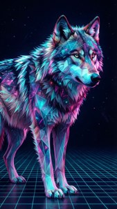 En lavpoly galakseulv med neongeometriske mønstre står på et synthwave-gitter. — iPhone 6 Wallpapers