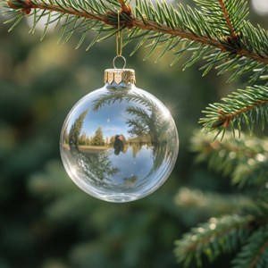 En enkelt glaspynt på en fyrregren, blødt lys. — Æstetisk jul Wallpapers