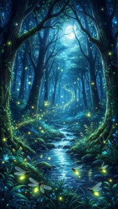 Magisk skovbæk med ildfluer og måneskin. — iPhone Se Wallpapers