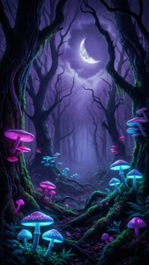 En surrealistisk mørk skov med fluorescerende svampe og uhyggelig blå-lilla glød.