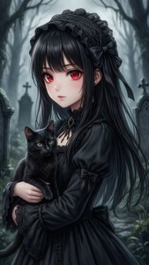 Sød gotisk anime-pige med sort kat på en kirkegård. — Sødt anime profilbillede Wallpapers