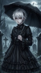 Anime gotisk lolita-dreng på en kirkegård med tåge. — Anime æstetik GIF Wallpapers