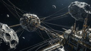 Industrielle gravity-tove spænder hen over et asteroidefelt. wallpaper