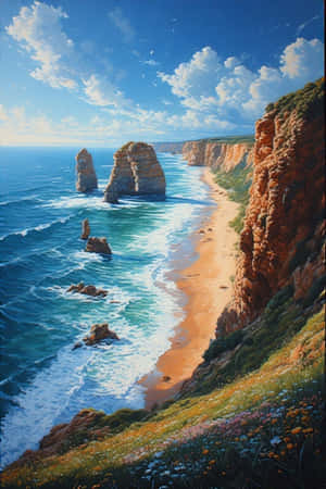 Great Ocean Road, Twelve Apostles, klipper, bølger, vilde blomster, kyst, hav, blå himmel, rejse, landskab, 4K — Blå himmel Wallpapers