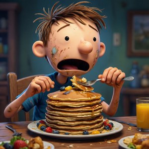 Greg med et snavset ansigt, der spiser en kæmpe stak pandekager. — Pixel Watch 5 Wallpapers